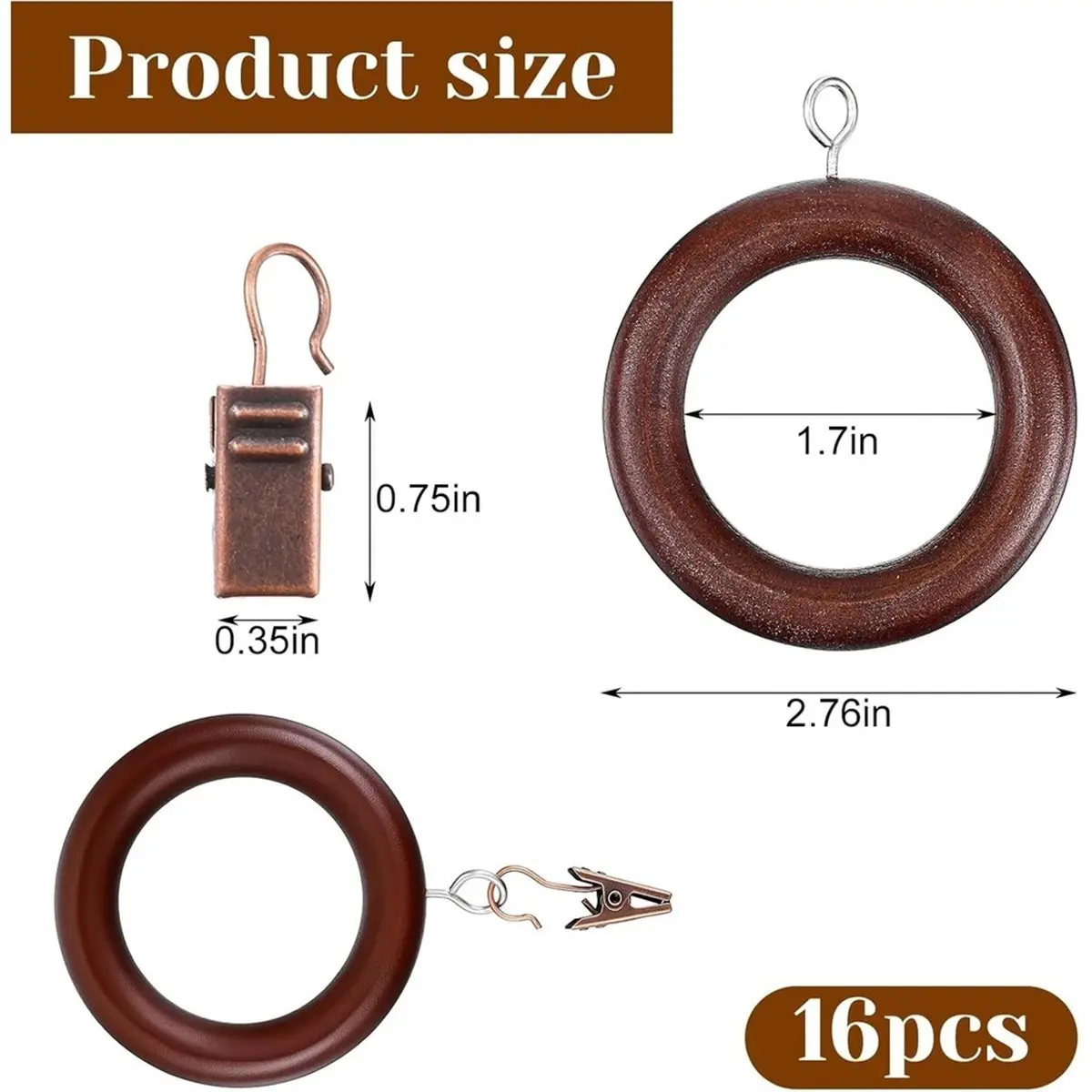 16 Pack Wood Curtain Rings with Drapery Clips, 2.76 Inch Outer Diameter Wooden, 1.7 Inch Inner Diameter for 1-1.5 Rods A