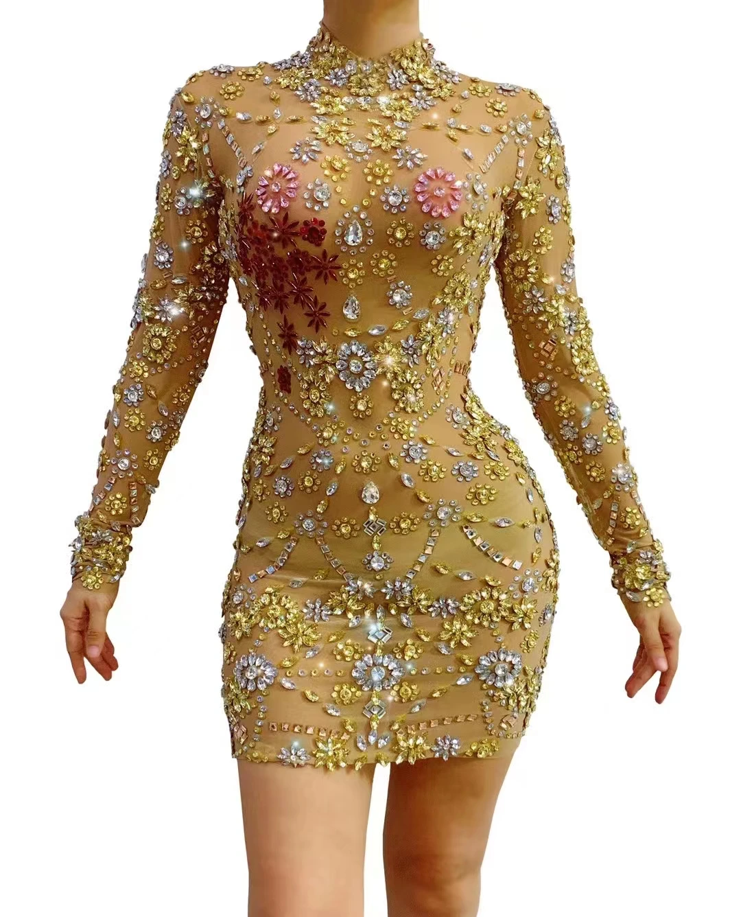 

Sparkly Silver Big Rhinestone Transparent miniDress Evening Birthday Celebrate LuxuriousCostume Dancer Flashing plus size A240