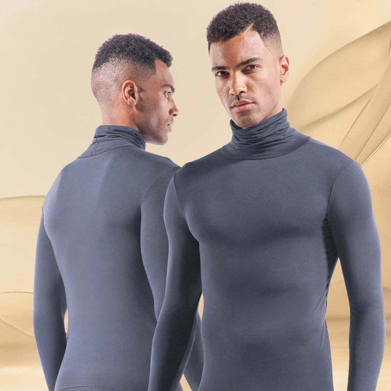 Man High Neck Long T-Shirts Underwear Winter Thermal Panties Sexy Super Thin Bottoms Tops Shirts Fashion Blue Nylon Black Cloth