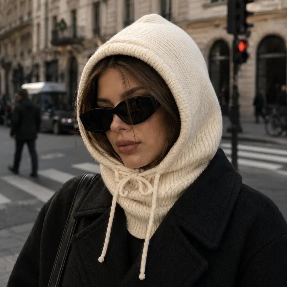 Knitted Hooded Caps Women men Winter Neck Cover Balaclava Hats Outdoor Warm woolen Drawstring Caps One-piece Neck Collar Beanies