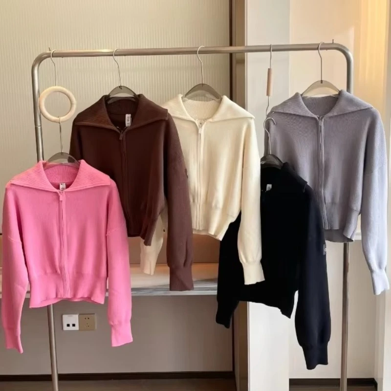 Autumn Zipper Cropped Cardigan Solid Color Fashion Lapel Knitted Cardigan Thickened Warm Soft Comfortable Sweater Jacket Women