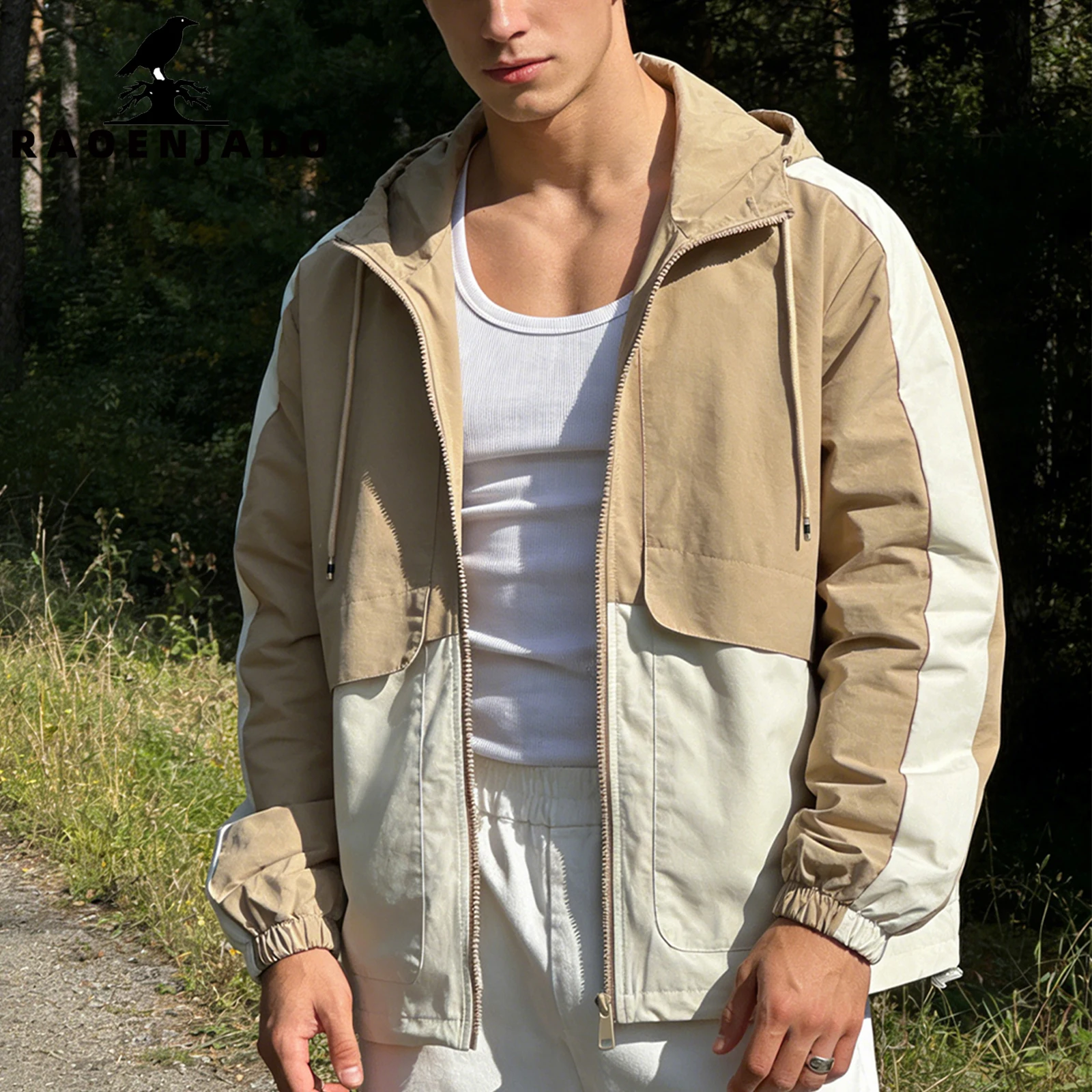 Men's Casual Hodded Jacket Waterproof Windproof Outdoor Coat Colorblock Streetwear Outerwear with Adjustable Hood for Daily Wear