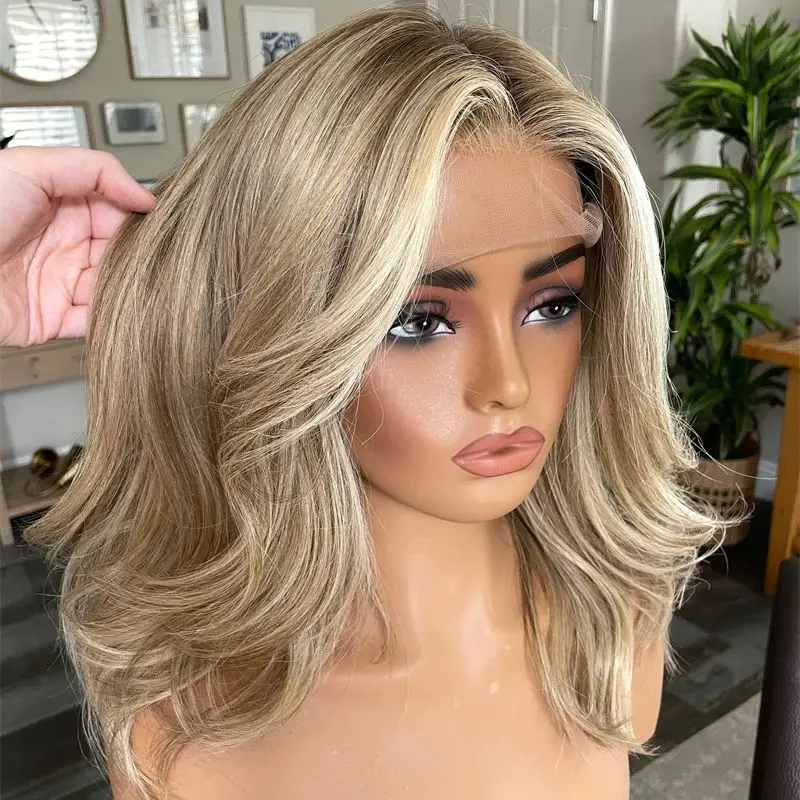 Short Wave Bob Free Part Ombre Creamy Blonde Highlight Lace Frontal Wig High Quality Heat Resistant Wig Small Laege Size Cap