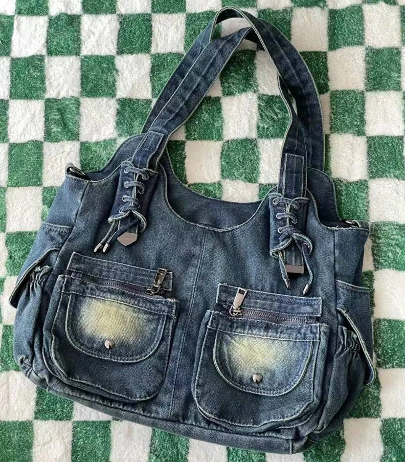 New Spicy Girl Cowboy Bags Single Shoulder Bag Diagonal Strap Large Capacity Bags Shoe Laces Casual Retro Denim Bag Women\'s Bag