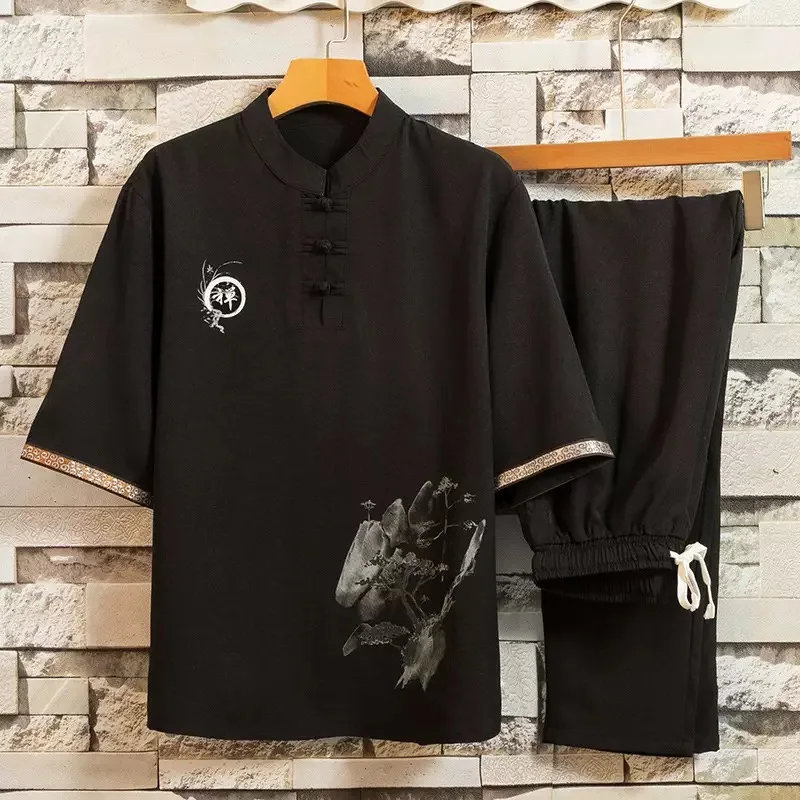 

Summer New Fashionable Trendy Printed Breathable Short Sleeve Shirt Set for Men's Casual Loose Sport Large Two Piece Set M-4XL
