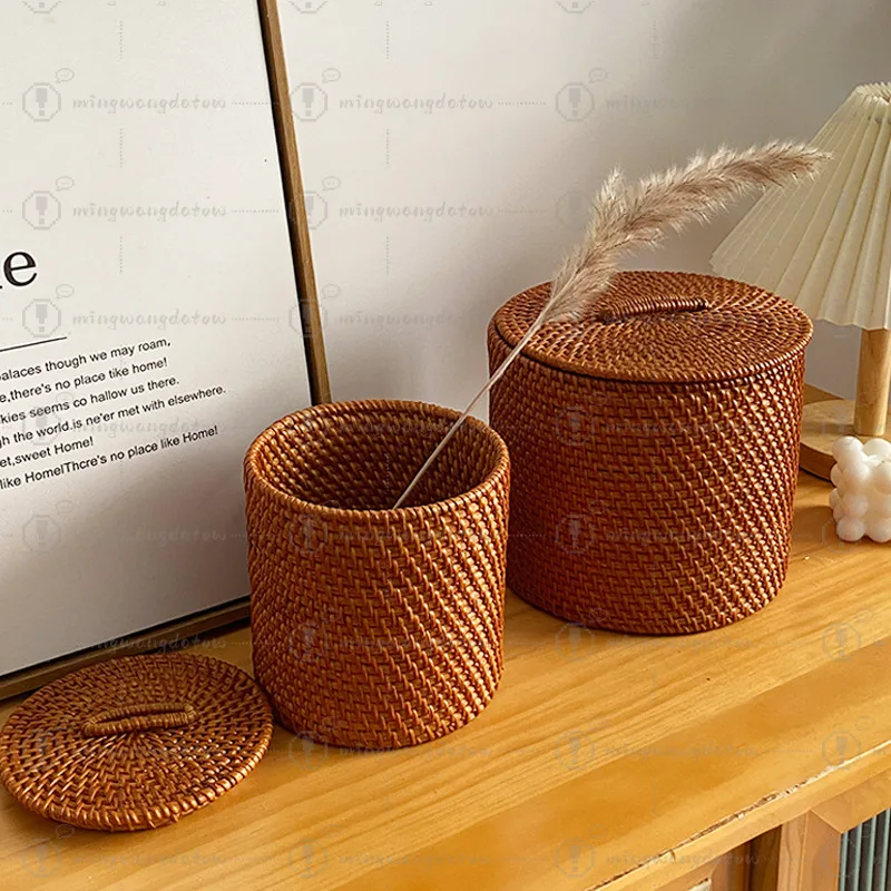 Handmade Rattan Woven Storage Box Round Coffee Table Organizer Sundries Storage Basket for Home Office Desktop