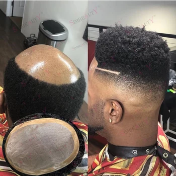 6mm Afro kıvırcık 100% Fashional İnsan saçı peruk siyah erkekler peruk Mono dantel doğal saç çizgisi protezi erkek afrika amerikan sistemi