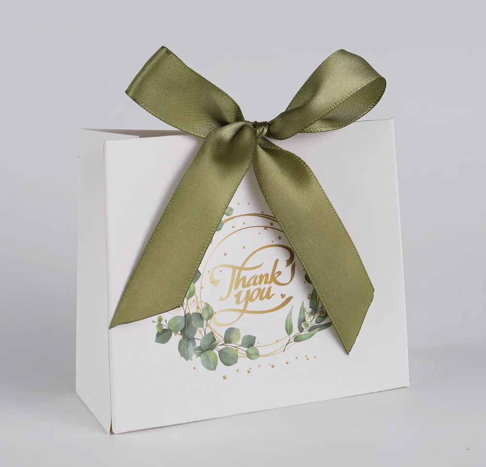 50/25Pcs Small Thank You Gift Boxes Green Gift Bags with Sage Green Bow Ribbon Eucalyptus Leaves Candy Treat Bags for Wedding Bi