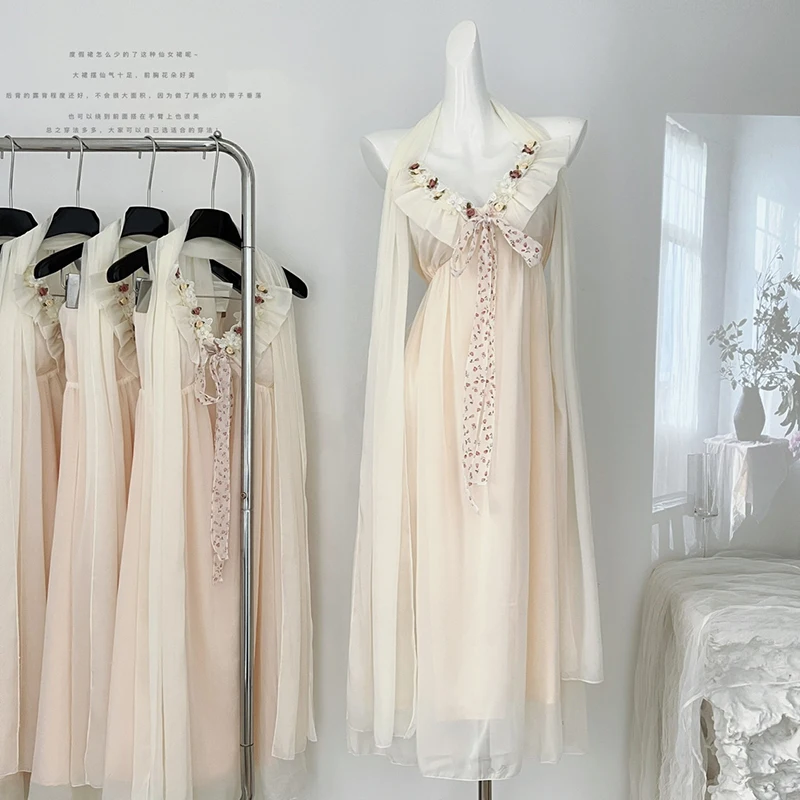 

French Style Beach Vacation Slip Dresses Women Sleeveless V-Neck Suspender Dress Simple Elegant All-matched Long Skirts 2024