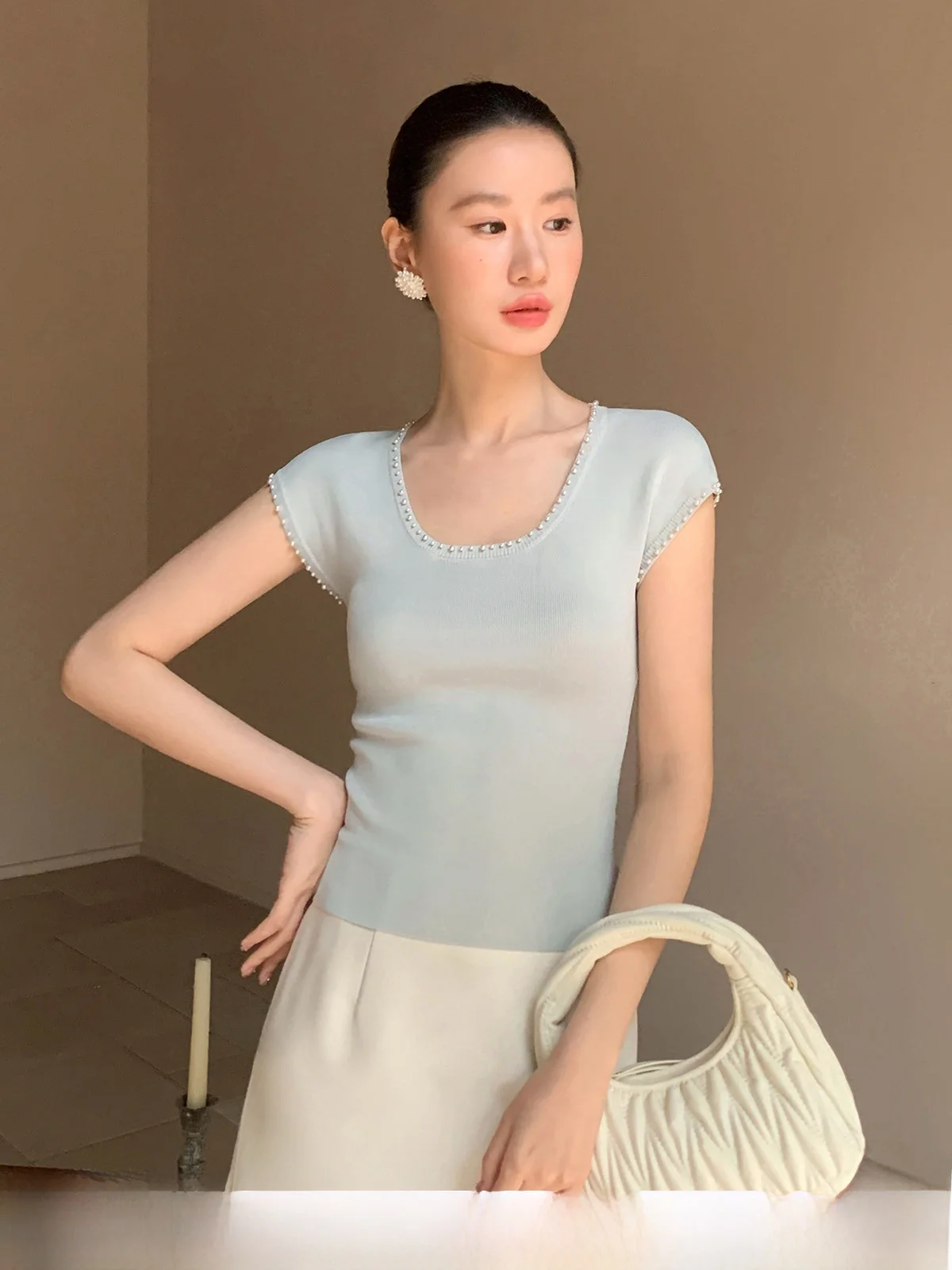 

XXNING Tee-Color Knitted Svel One-Piece oulder Design Simple Sle Women's Faion ort Sve round Ne Pullover