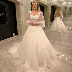 2025 Luxurious A-Line Tulle Women Bridal Gowns Long Sleeves Mopping Length Princess Wedding Dresses Beach Party Robes Customized