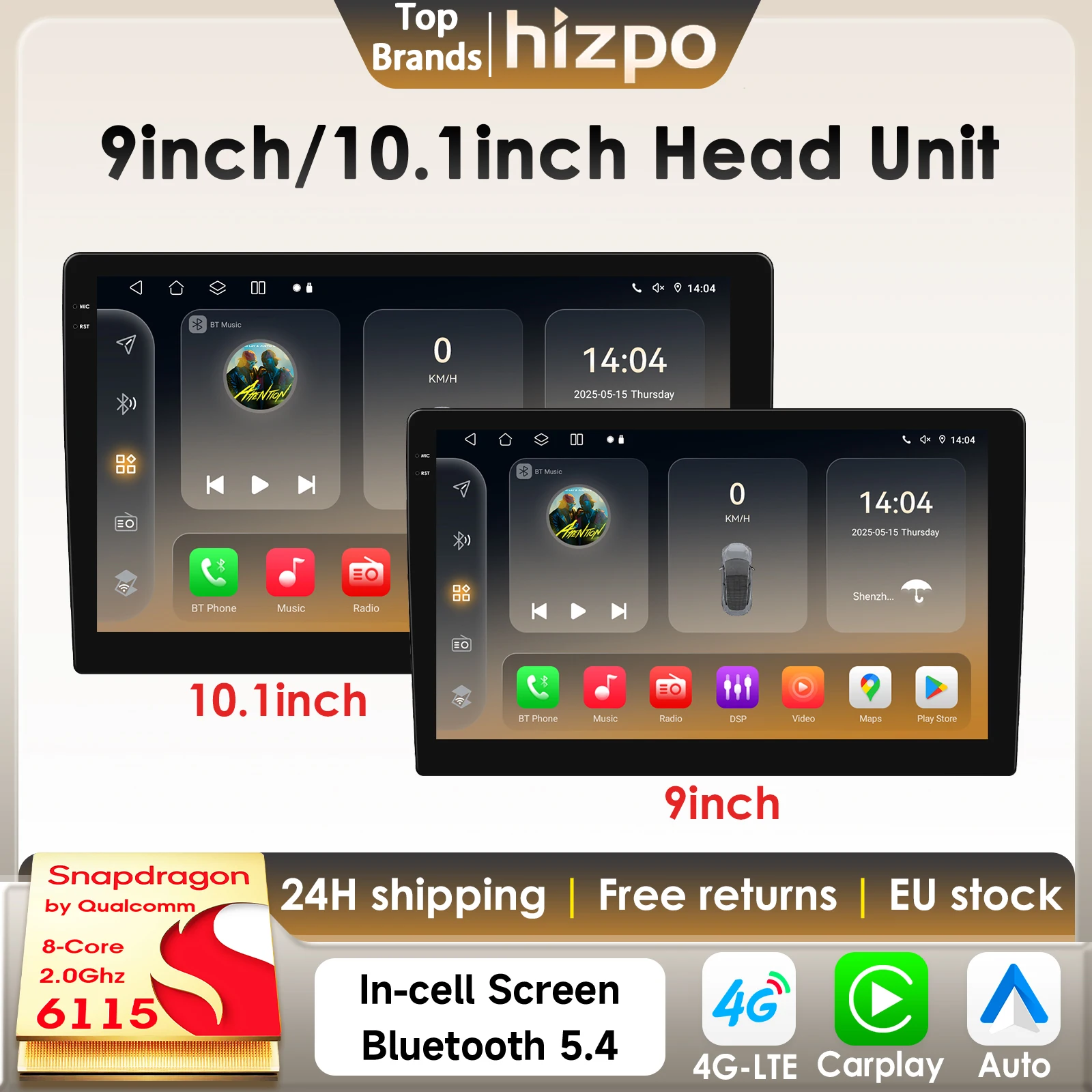 Hizpo 9 Zoll 10,1 Zoll Head Uint 2Din Android 14 Universal-Autoradio 4G-LET WIFI BT DSP RDS SWC Carplay von Qualcomm Snapdragon6115
