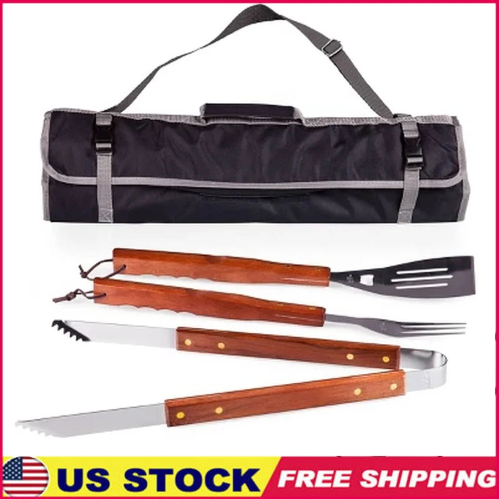 

Portable BBQ Tool Set with Tote Spatula Tongs Fork Wooden Handles Easy Clean Stainless Steel Accessories Grilling Gift