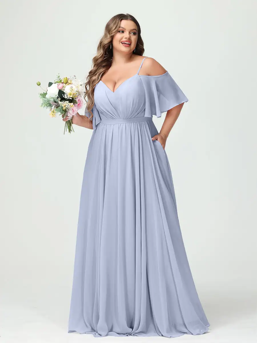 

Chiffon Double V-neck Spaghetti Straps A-Line Bridesmaid Dresses Off the Shoulder Ruffles With Pockets Long Formal Evening Gowns