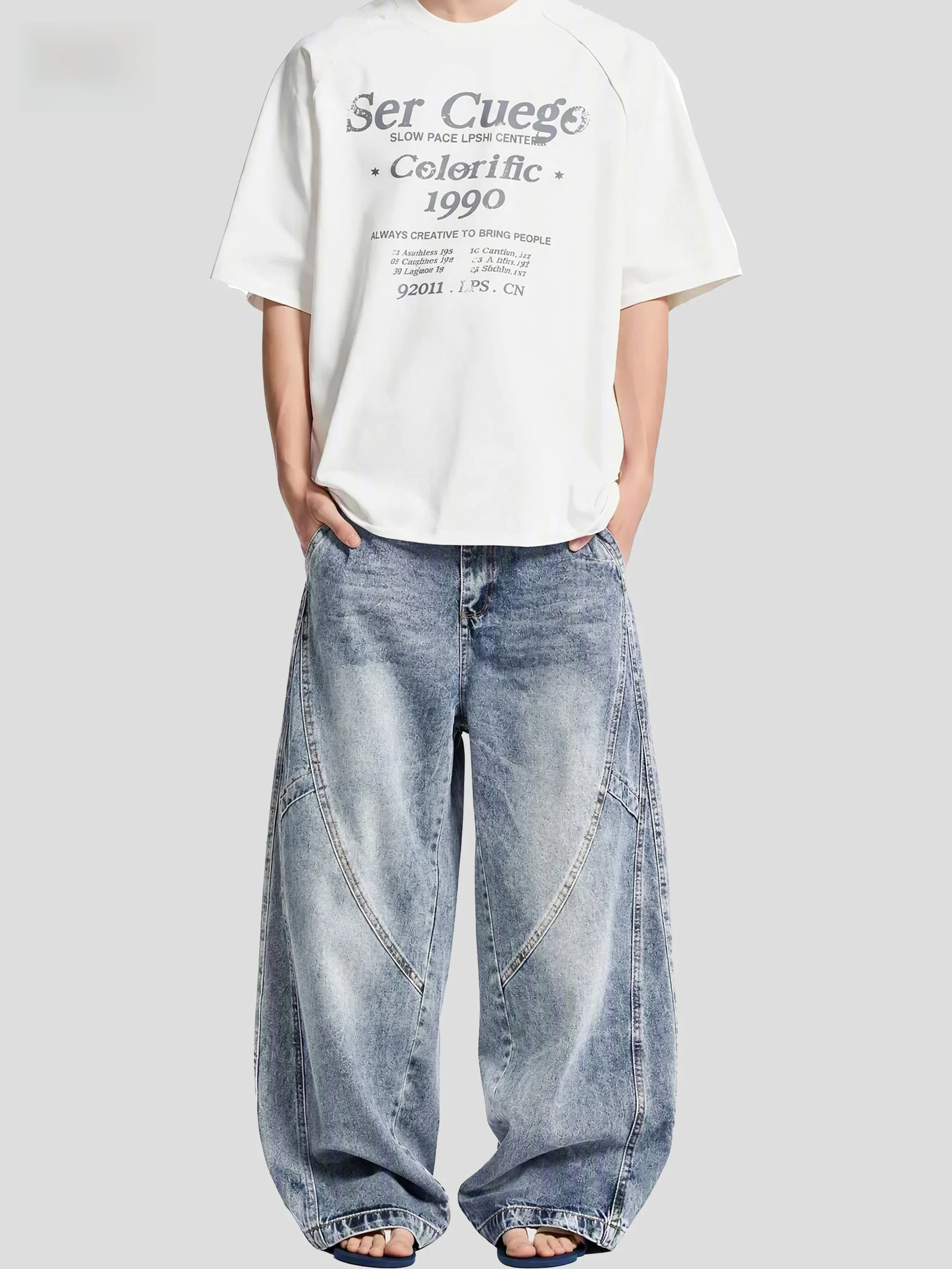 American Retro INSstudios Wide Leg Jeans Loose Fit Patchwork Denim Pants Youth Trend Straight Cut Cotton Polyester Blend