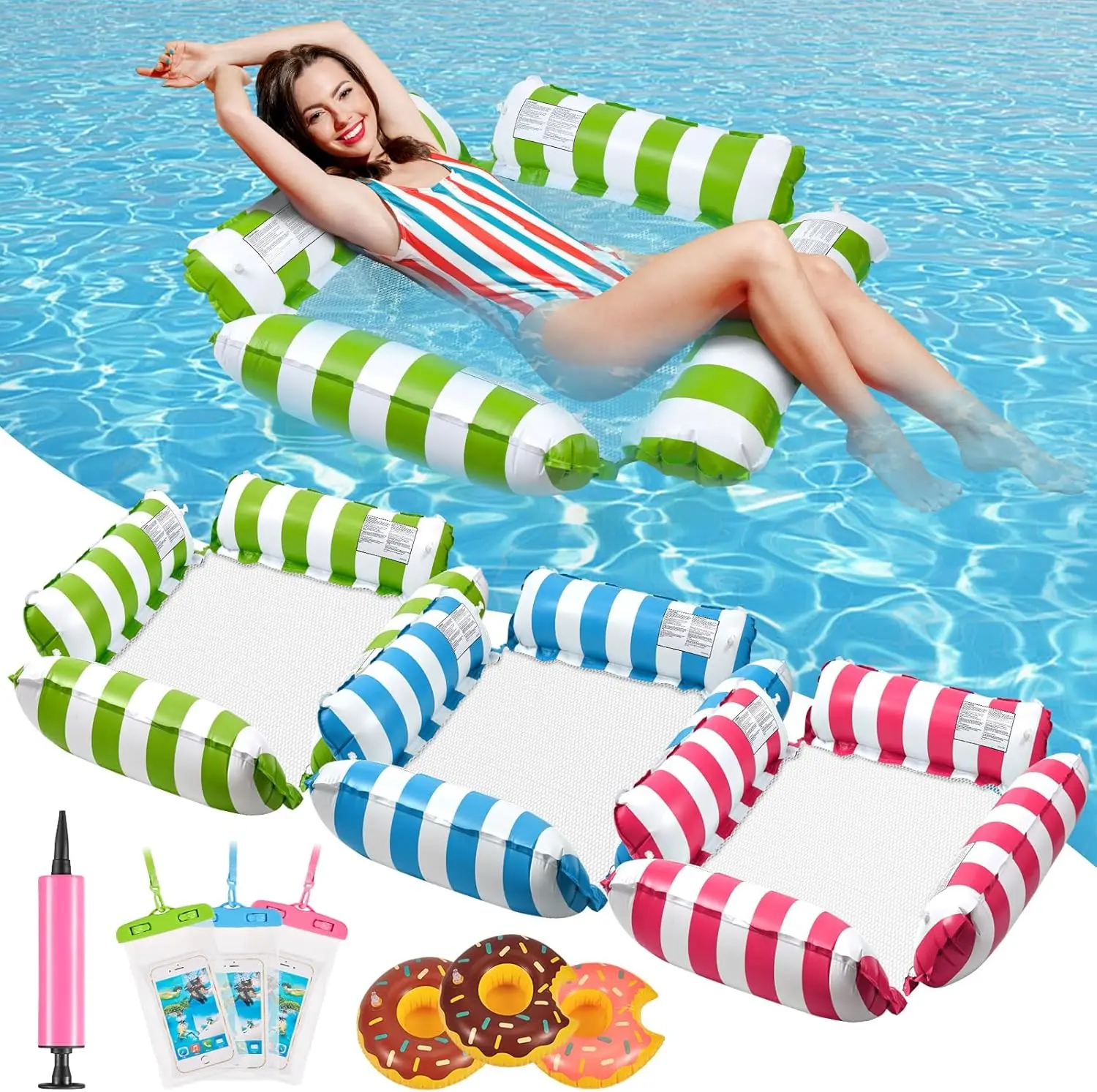 

3 Pa 4-In-1 Inflatable Pool Floats Water Hammock,Multi-Purpose Pool Rafts For Adults With Drink Floats,Inflatable Floating
