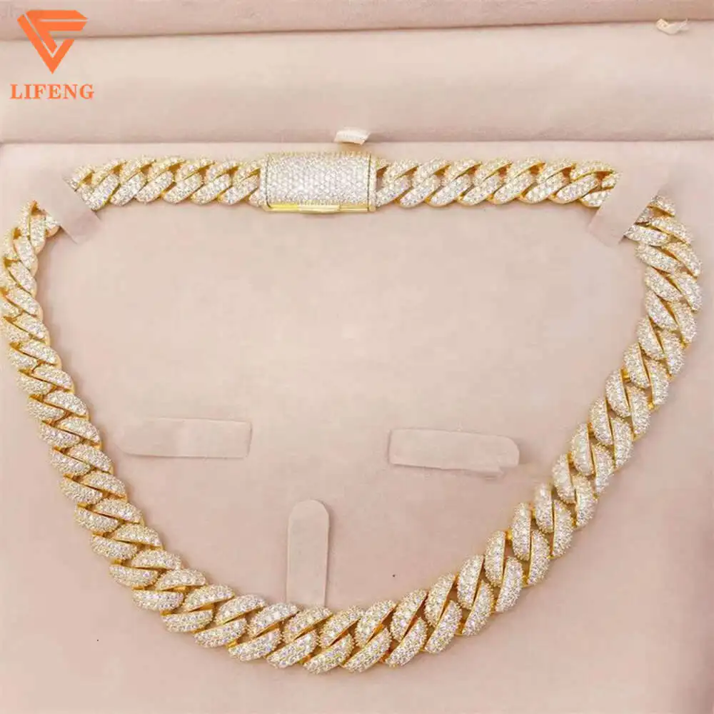 Hip-hop Vvs Moissanite Diamond Fashion Jewelry Body Chain18mm 3rows Gold Plated Cuban Necklace Chain