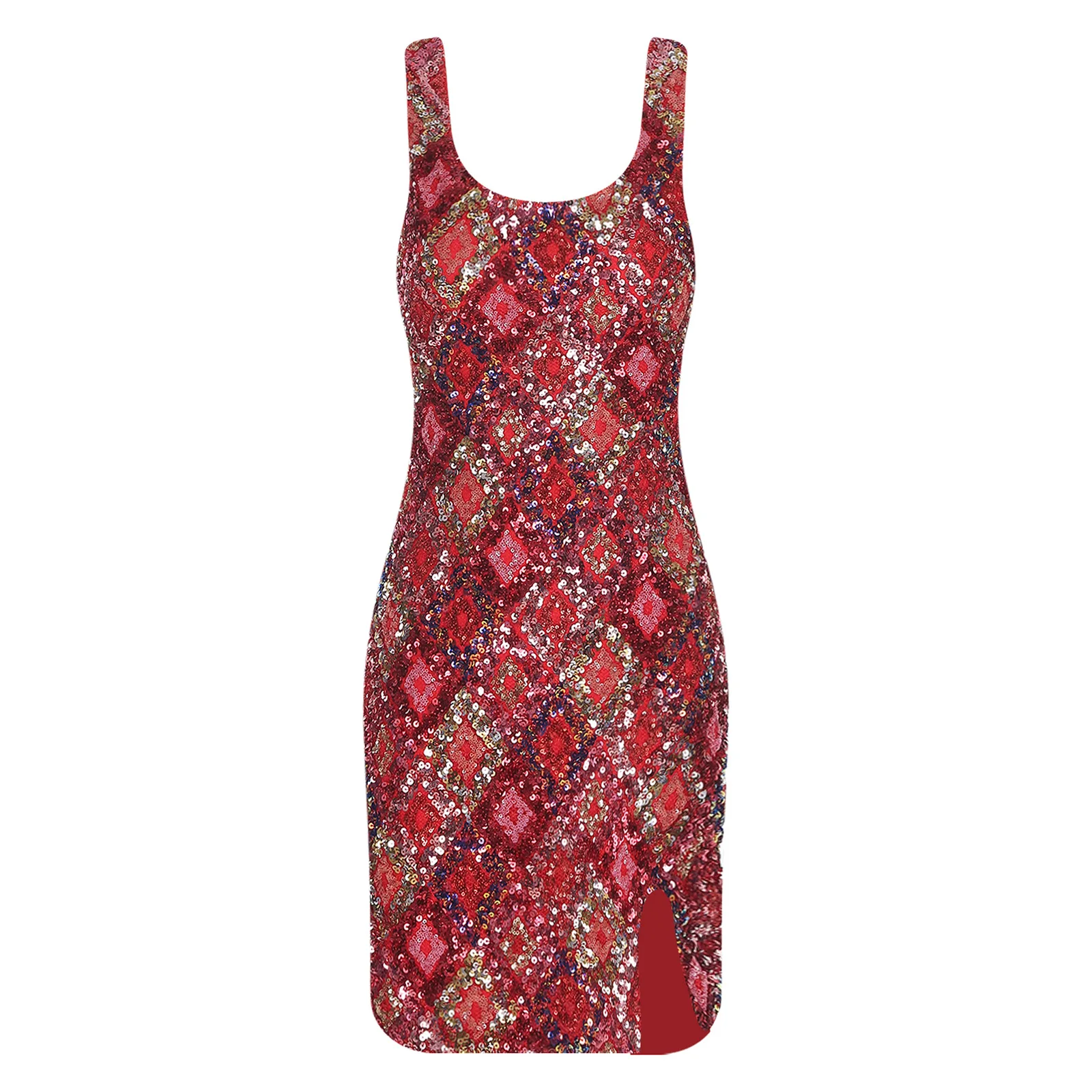 Damen Allover-Pailletten, figurbetontes Minikleid, U-Ausschnitt, Schlitzsaum, vollständig gefüttert, glitzerndes Argyle, hoher Schlitz, kurze Kleider, Party-Vestidos