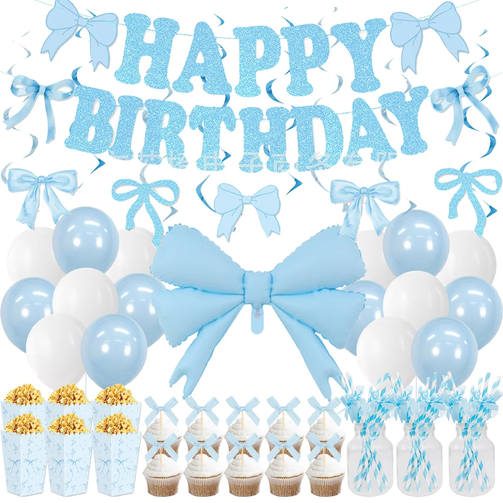 Decoraciones de fiesta con lazo azul, pancarta de globos de látex de macarrón azul, adornos para tarta para niños y niñas, coqueta con lazo, suministros para fiesta de cumpleaños