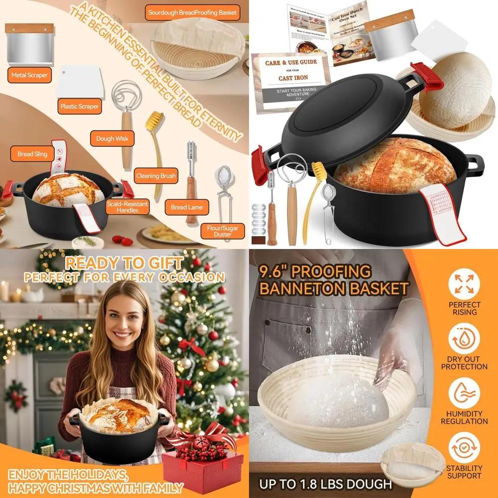 

Dutch Oven for Bread Baking, 5QT, with Skillet Lid and Lame, Banneton Bread Proofing Basket, Sourdough Baking Supplies