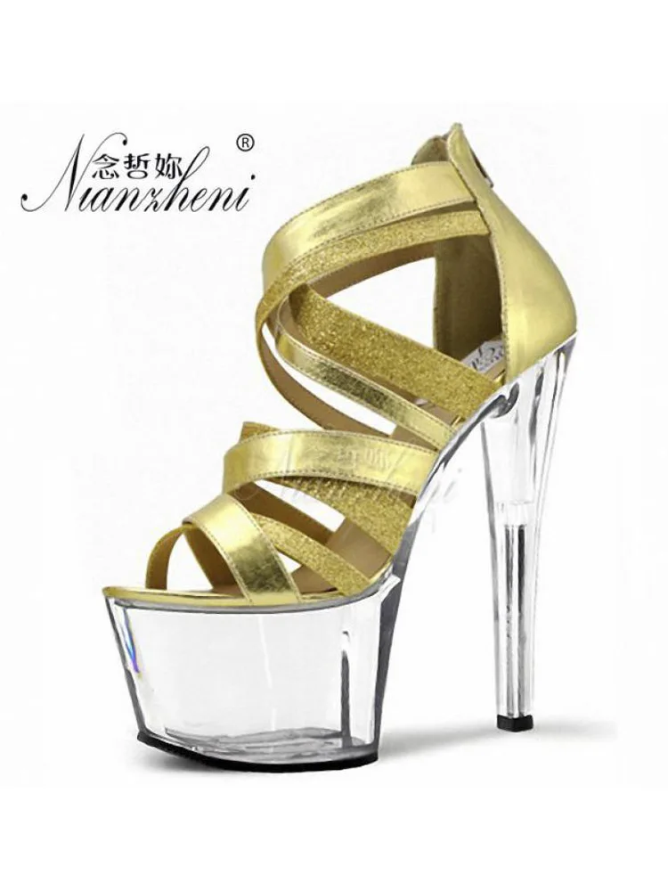 

New Gold Exotic Dancer Platform Sandals Elegant 17cm Nightclub Catwalk Strip Pole Dance Bride Sexy Fetish Shoes Gothic Gladiator