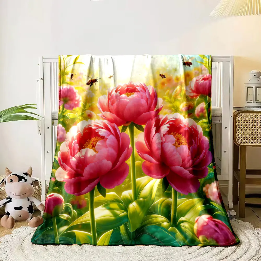 Multi-Size Beautiful Garden Flowers Printed Blanket, All-Season Multi-Use for Nap Camping Travel Car Sofa Luxury Gifts
