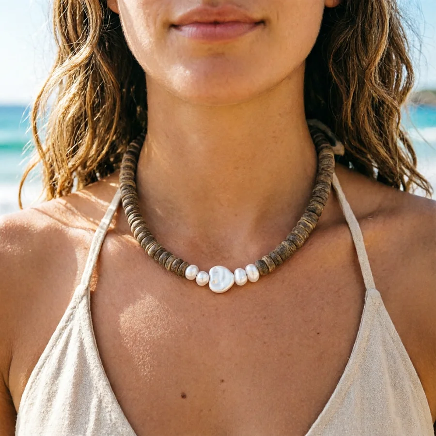 Retro Coconut Shell Wooden Beads Necklace Women Imitation Pearl Heart 18inch Short Collar Jewelry Beach Holiday Summer Trinkets