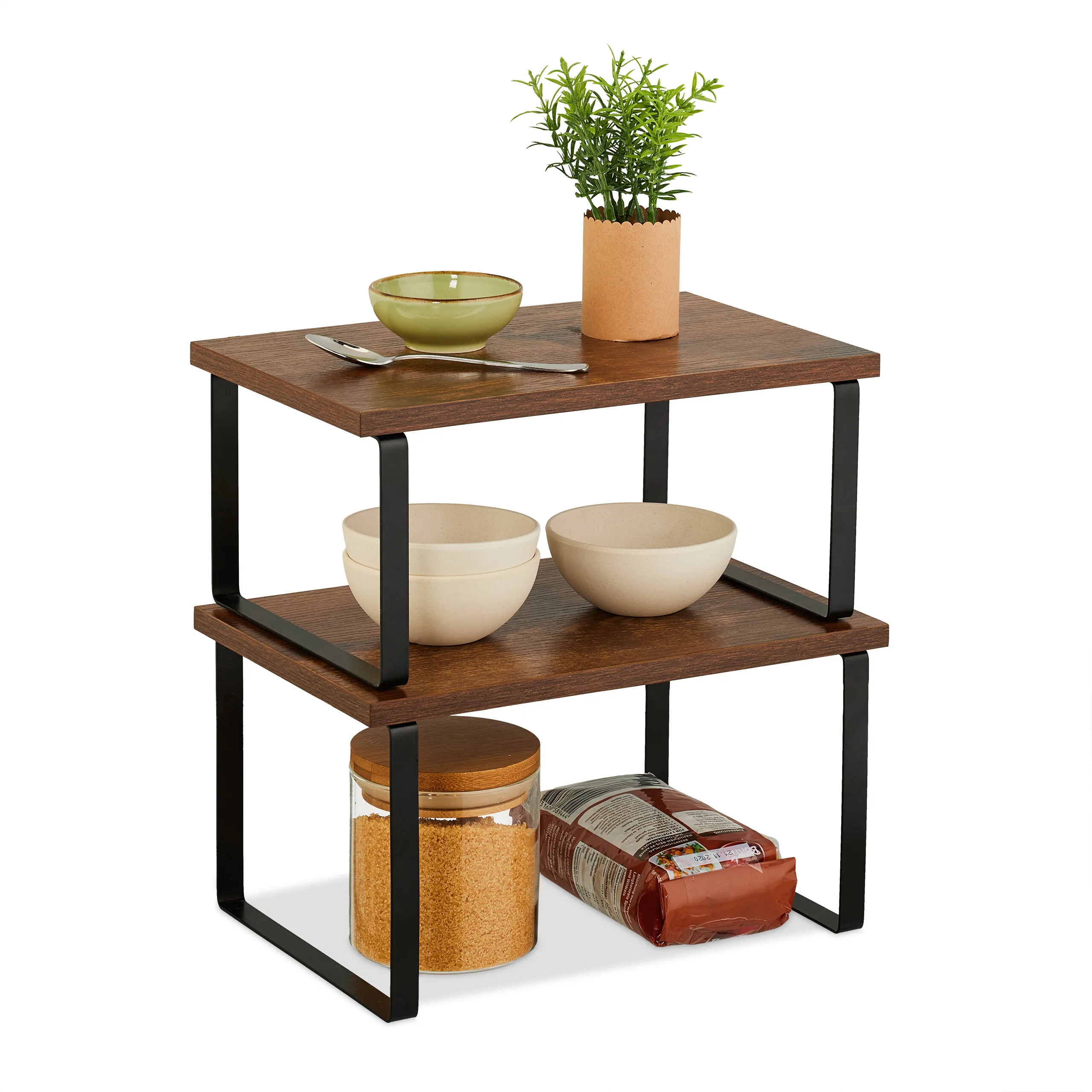 Mensola da tavolo 2 pz. Set, Impilabile, per Cucina e Armadi, Acciaio e MDF, Marrone/Nero, 2 Misure, Scaffale da Cucina, Scaffale per Armadio, Relaxdays