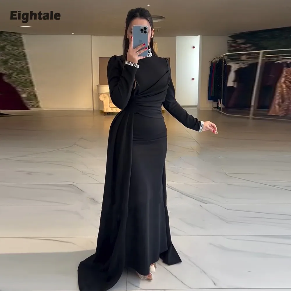 

Eightale Arabic Evening Dress for Wedding Party High Neck Long Sleeve Floor Length Beaded Mermaid Black Customized Prom Gown