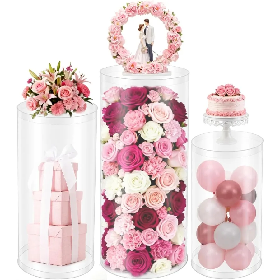 

3 шт., прозрачные акриловые подставки на пьедестале, 23,6 дюйма + 29,5 дюйма + 35,4 дюйма, высокий круглый дисплей, пьедестал, декор, фон, десертный стол, пил