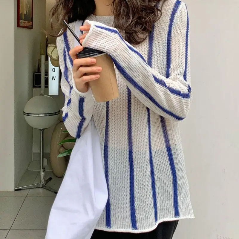 South Korea Summer Color Matching Striped Sunscreen Blouse Elegant Simple All-Match Ladies New French Style Basic Retro Casual