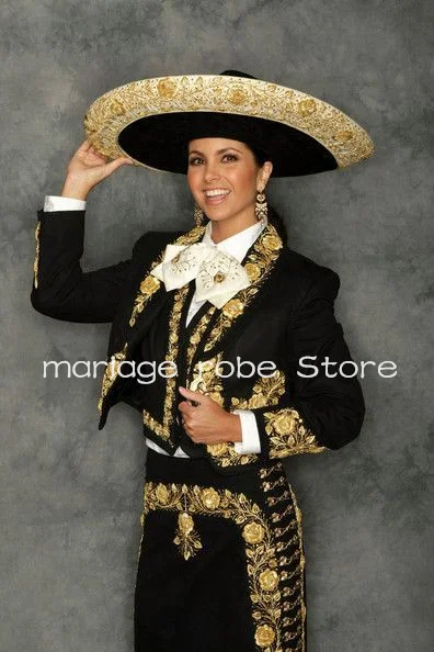 Black mariachi Suit Charro Prom Dresses Outfit Long Dleeve Jacket Three Pieces Gold Floral Applique Traje Mexicano Evening Gown