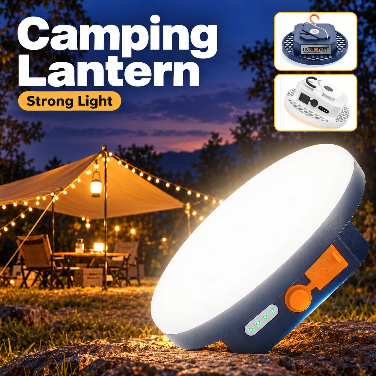 LED Camping Lantern Rechargeable Magnetic Portable Flashlight Tent Lamp Type C Power Bank 3 Brightness Levels for Fishing Work