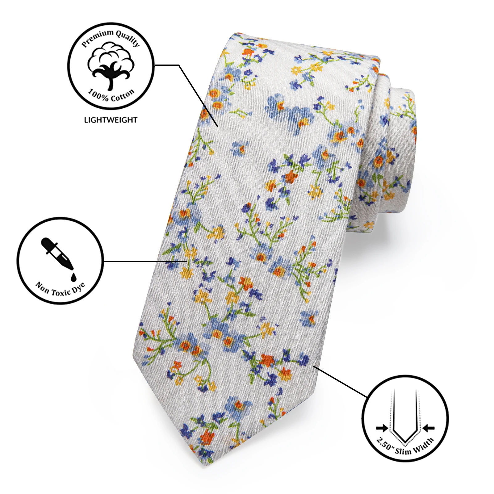 Corbata Floral blanca para hombre, Clip de pañuelo, patrón de flores amarillas y azules, 6,35 CM