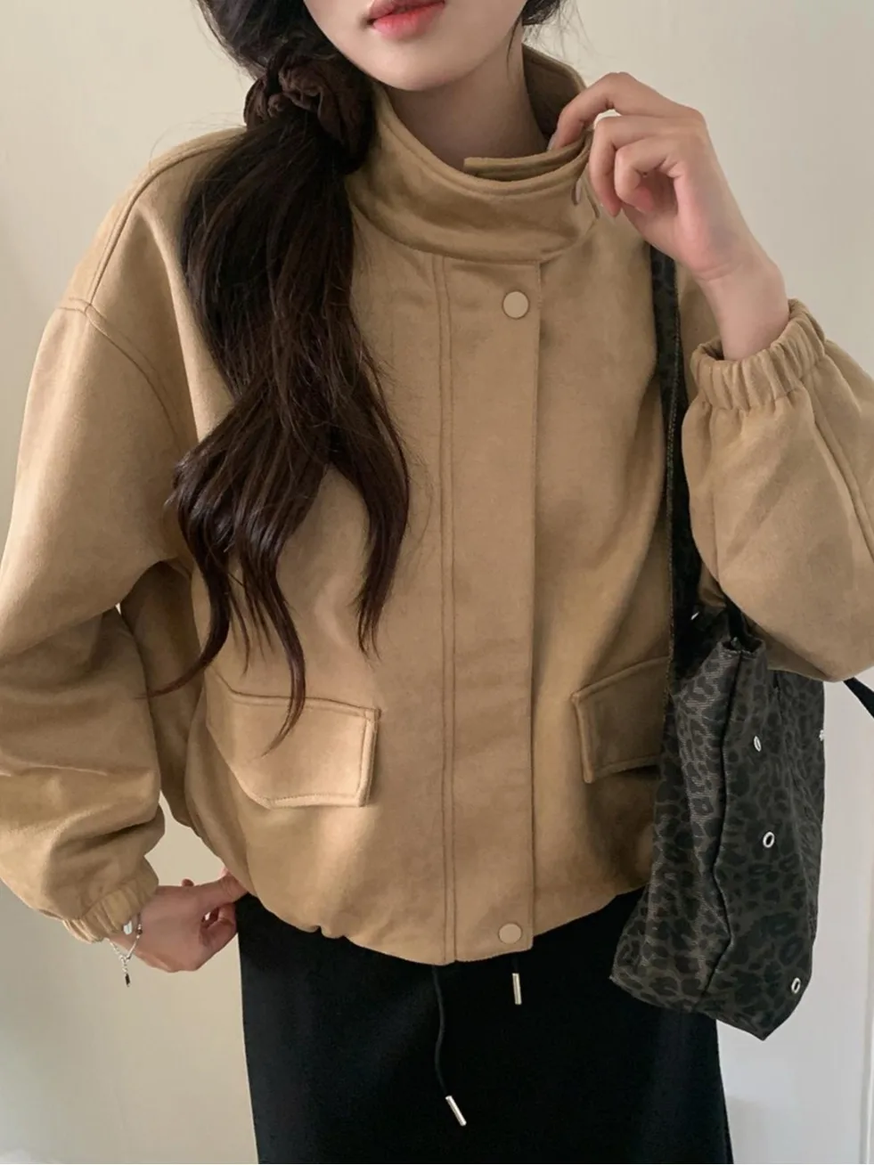 

Retro Chic Winter Loose Fit Zipper High Collar Long Sve Suede Jaet Waist Cinched ort Outerwear for Women