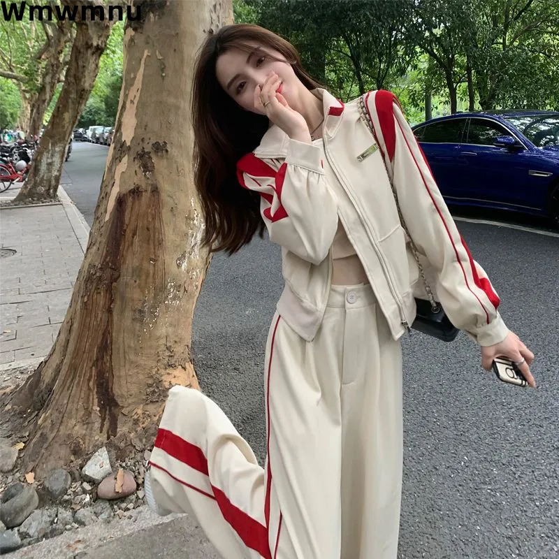 

Chic Casual Spliced 2 Piece Sets Stand Collar Zip Cropped Coats Tops Tracksuit Side Striped High Waist Wide Leg Pants Conjunto