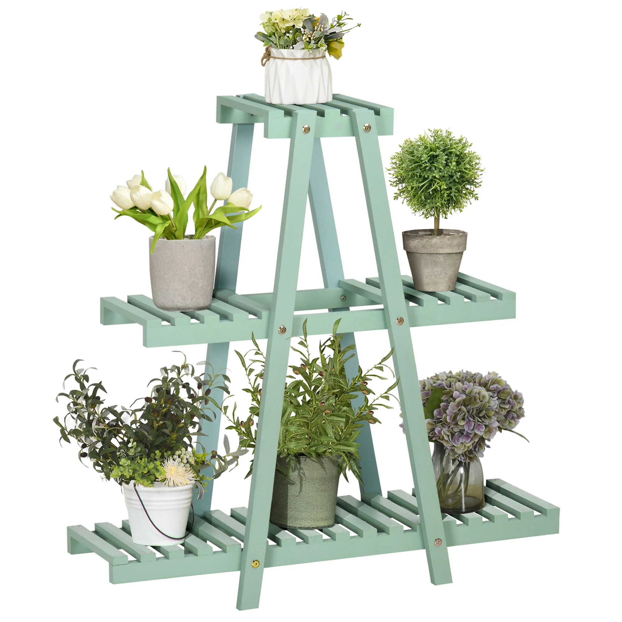 Outsunny wood plant stand 3-tier flower shelf outdoor indoor decorative shelf 76x26x76 cm Green