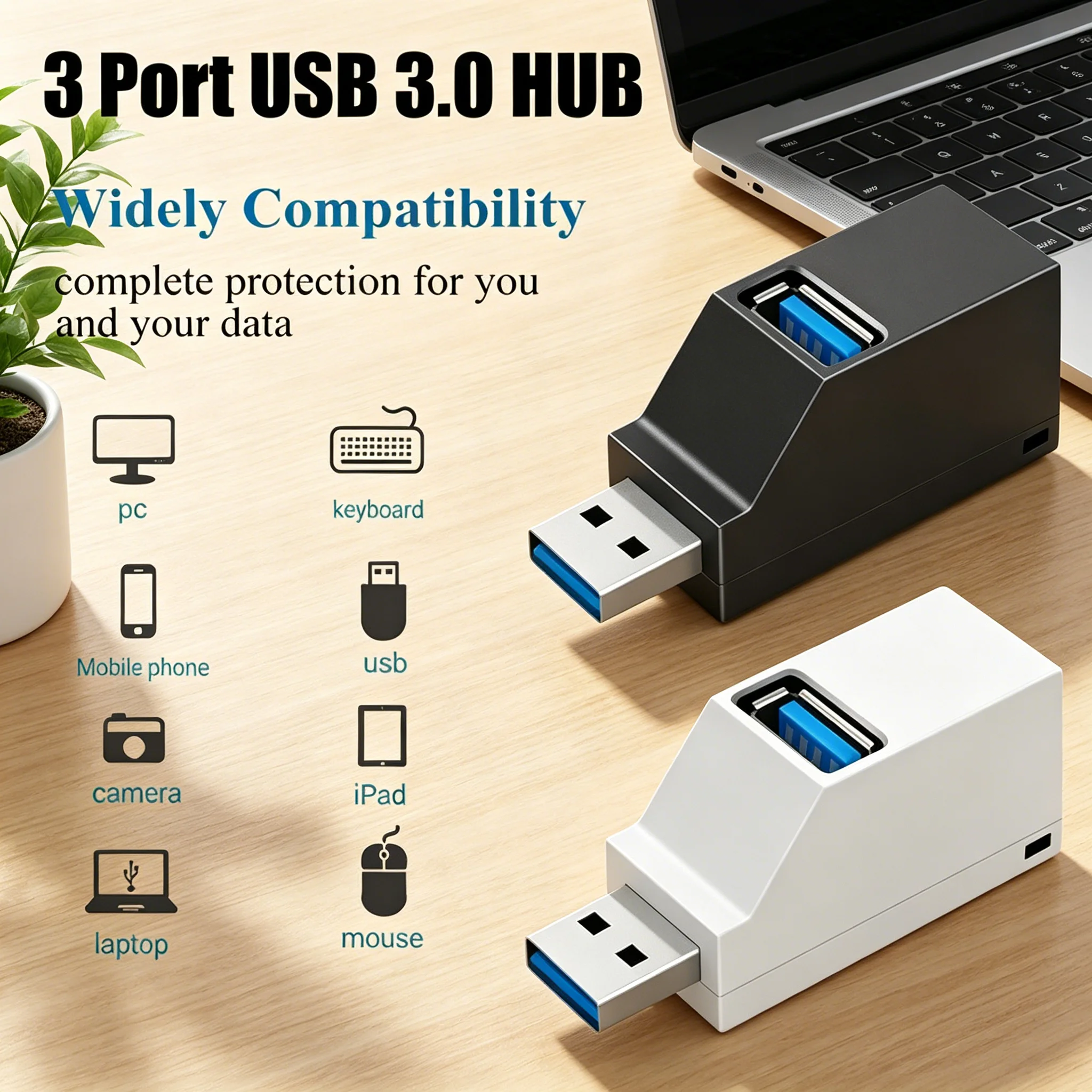 Rotatable 3 Ports USB Hub Splitter USB 3.0 & 2.0 High Speed Data Transfer Multi Ports Expander Adapter for Computer Accessories