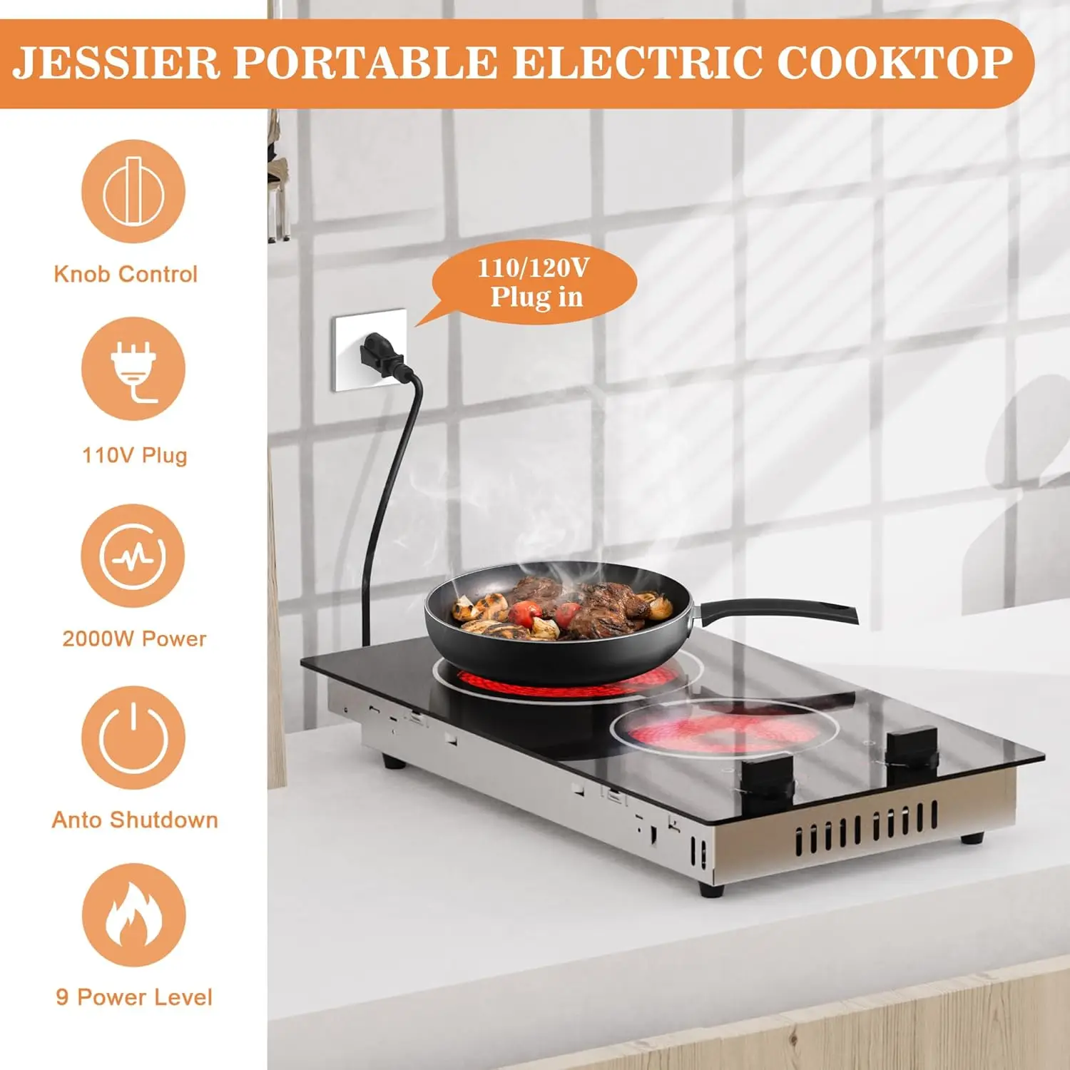 Plaque de cuisson électrique portable enfichable, dessus de cuisinière en céramique intégré et seau avec bouton de commande, 9 recycleurs de puissance, 12 po, 110V