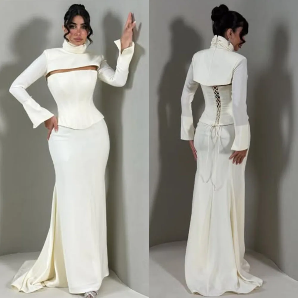 

High Quality Customized Floor Length Full Sleeves Sweep Train White High Collar Vestido De Festa De Casamento Robe De Soirée
