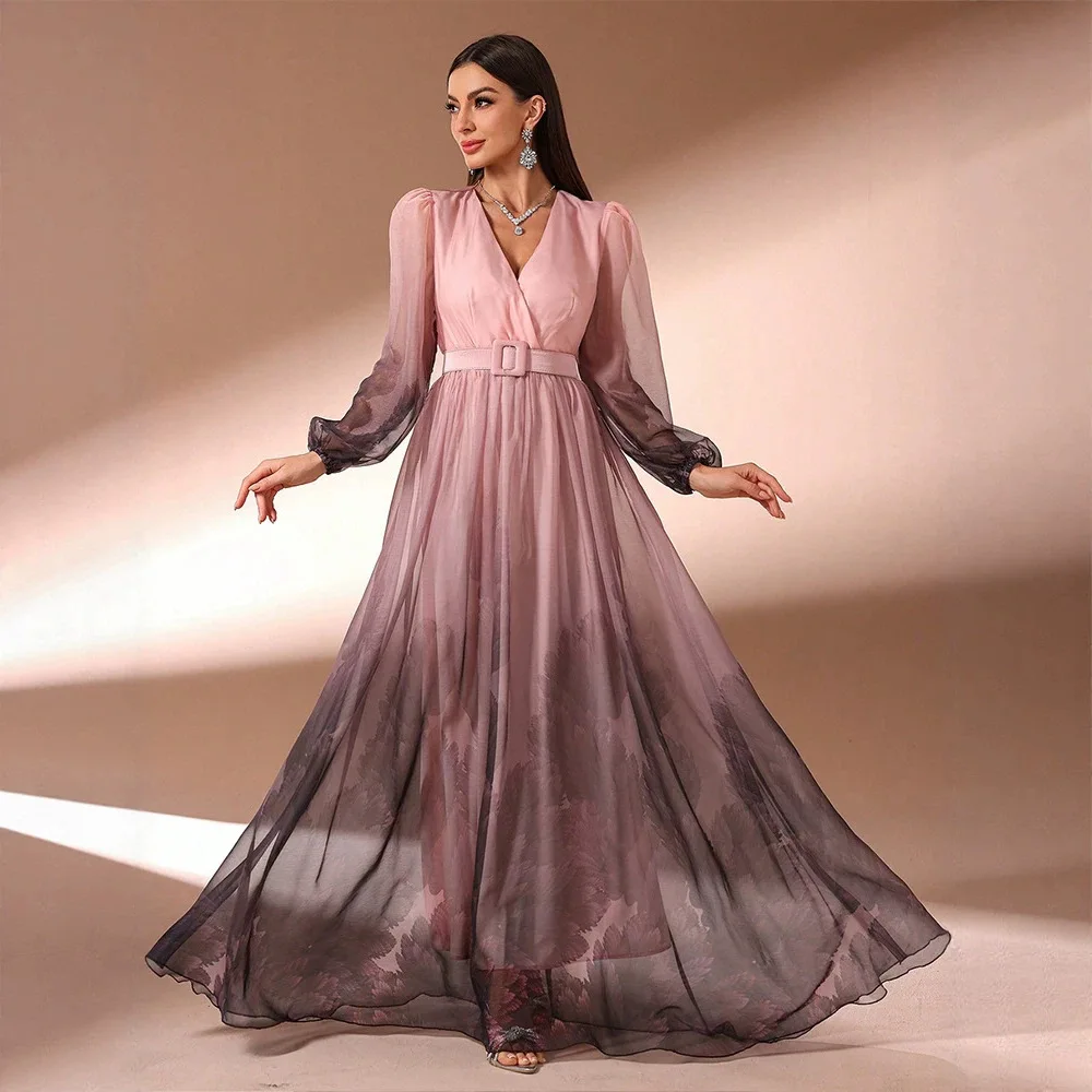 Ky1619 Women's Gradient Print V-neck Long Sleeve Elegant Long Dress, Waist-cinching Slimming Evening Gown. Dresses For Women