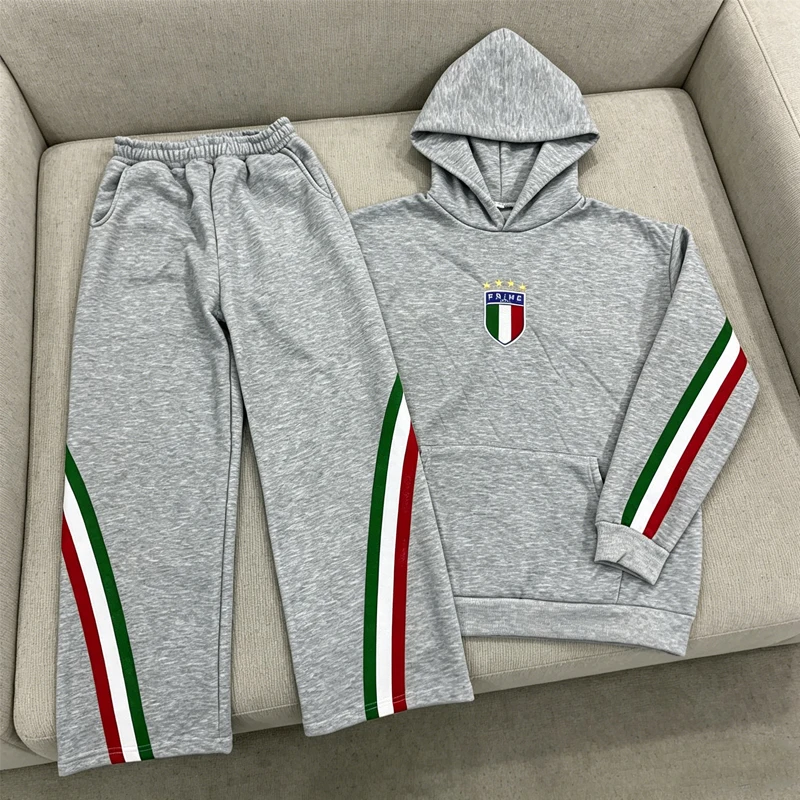 

Vintage Aesthetic Outfit Women Light Grey Italian Flag Stripe Detail Embroidered Crest Hoodie Sweatpants 2026 Men's Clothing