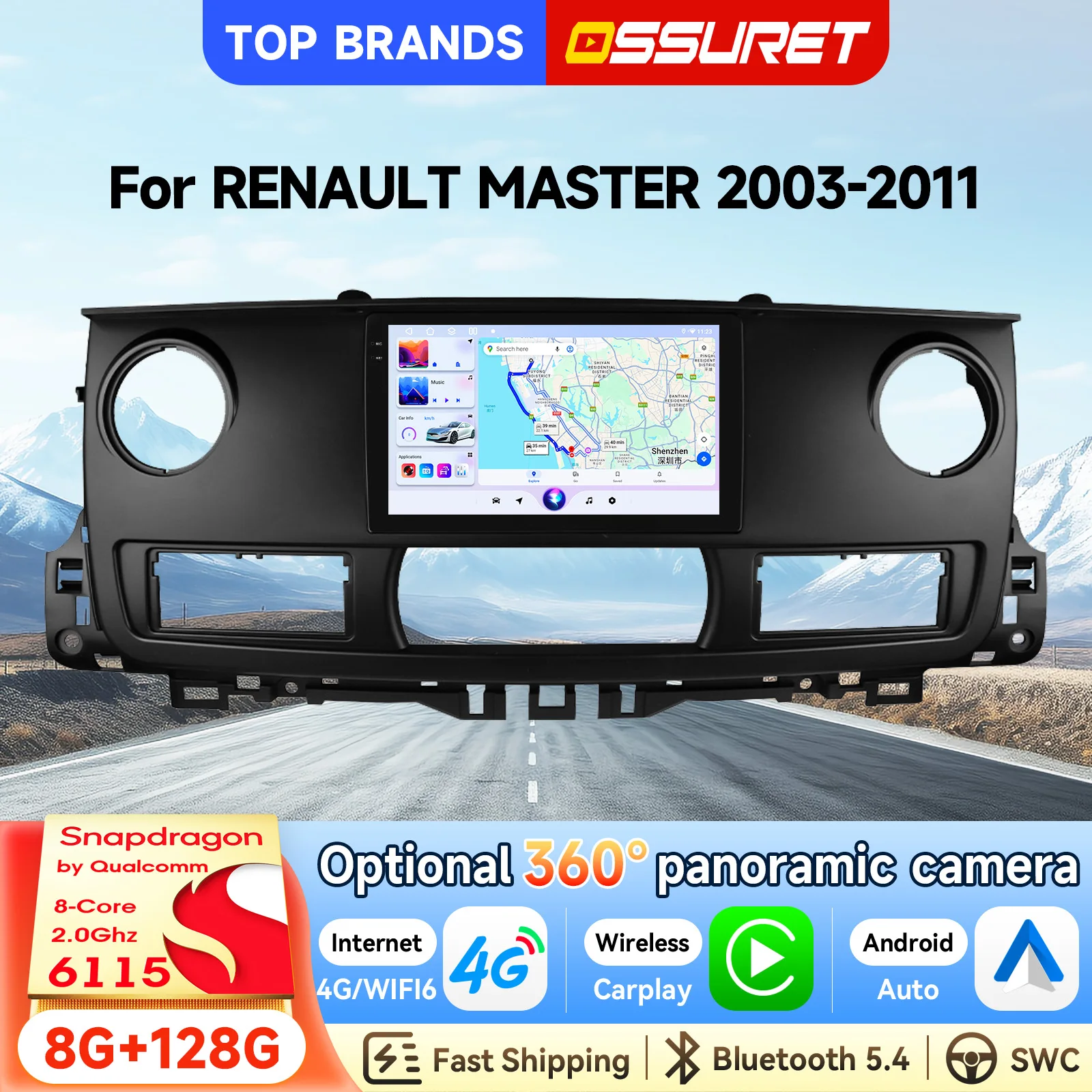 OSSURET Schneller Versand 10,1 Zoll 2-Din-Headunit Android 15 Autoradio für RENAULT MASTER 2003-2011 mit Qualcomm Snapdragon 6115 Octa-Core GPS-Navigation Bluetooth SWC Wireless Carplay Android Auto