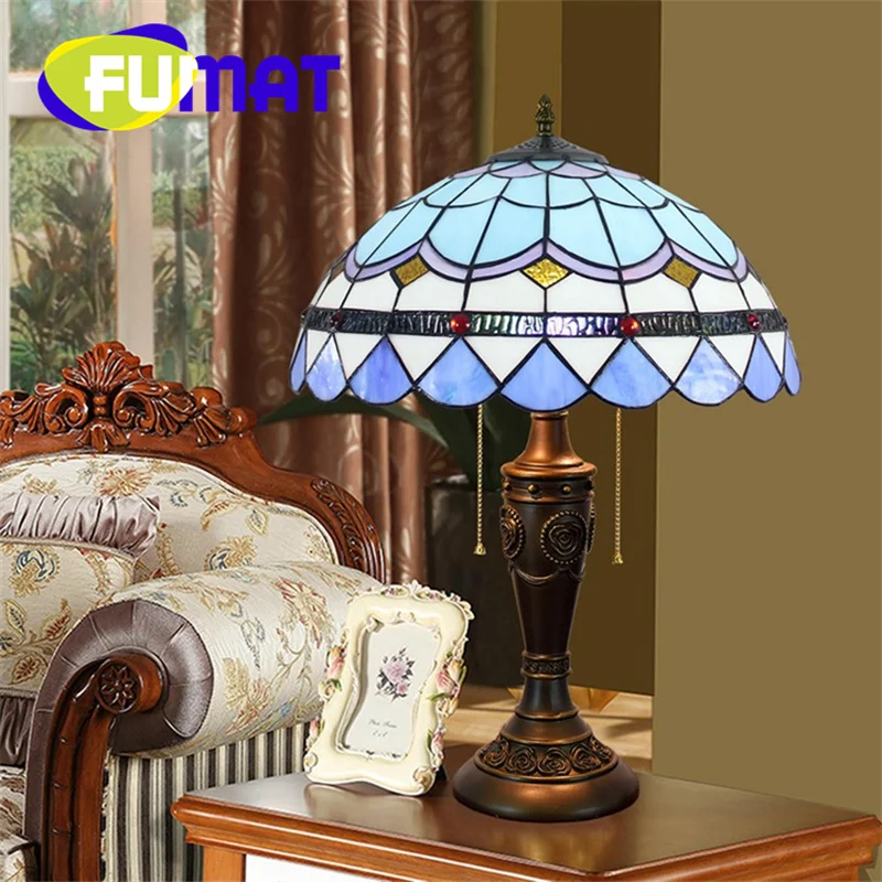 FUMAT Tiffany Mediterranean style stained glass table lamp art deco living room dining room study bedroom bedside gift lamp