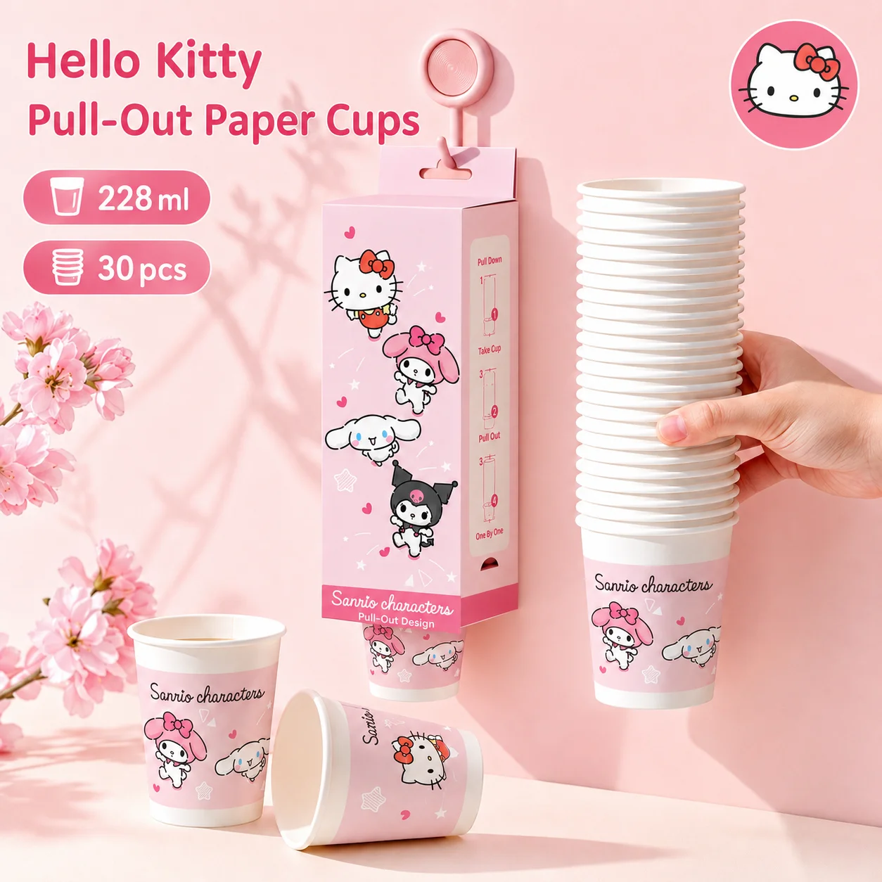 Sanrio Cute Pink My Melody Hanging Pull-Out Food-Grade Paper Cup Set Daily Home Drink Hot Drink Picnic Cups  Holiday Party Gift
