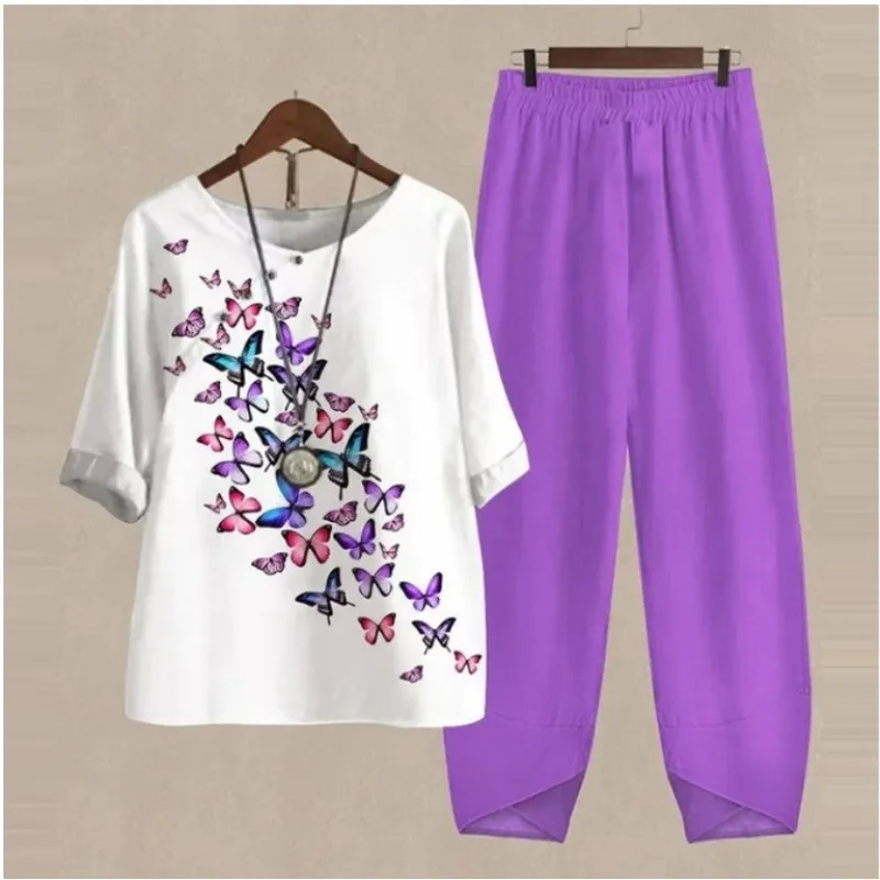 2 pieces women sets 2026 Spring new five-sleeved floral animal printed top+solid color pants two-piece sets women's clothing
