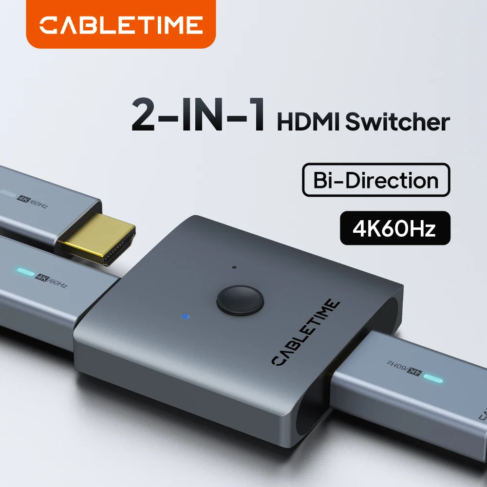 CABLETIME HDMI Switch Splitter 4K 2 in 1 Out 60Hz HDMI-compatible 2.0 Hub Switcher for PC Laptop HDTV Xbox PS4 PS5 TV Macbook