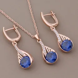 Classic Design 585 Rose Gold Color Drop Earrings Sets for Women Blue Round Natural Zircon Luxury Elegant Women's Set