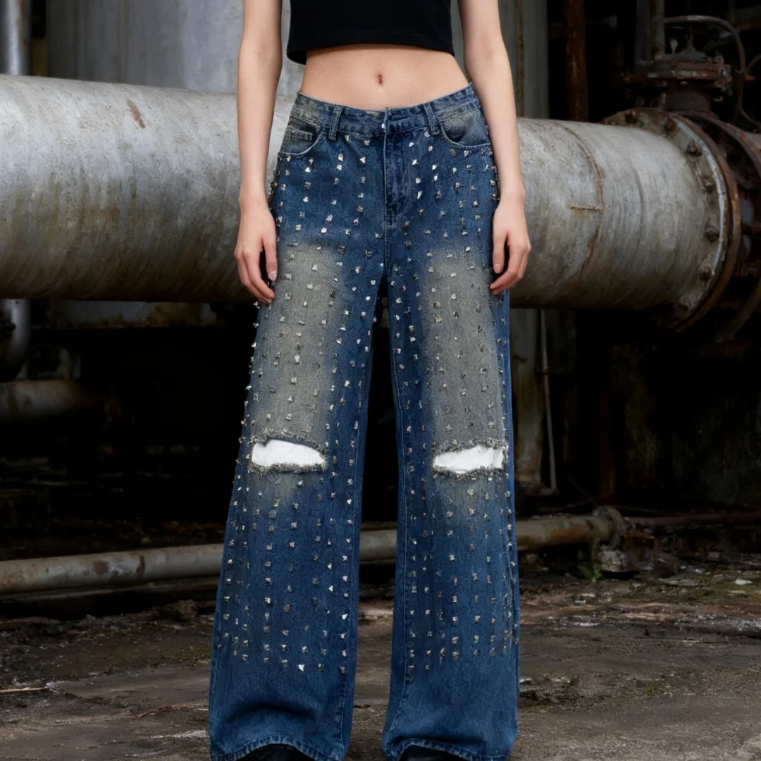 

Женские джинсы с заклепками и высокой талией в американском стиле ретро, свободные узкие широкие брюки с прямыми промежностью, уличный стиль