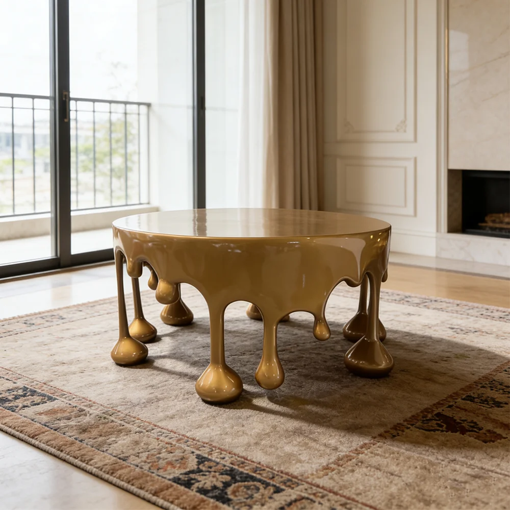 loModern Gold Melting Coffee Table Fiberglass Round Liquid Metal Side Desk Unique Art Design Centerpiece for Living Room Decor&